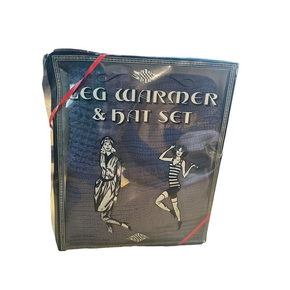 VTG 80's Leg Warmers Hat Set Warm Acrylic Knit Purple Blue Woven Retro Ballet